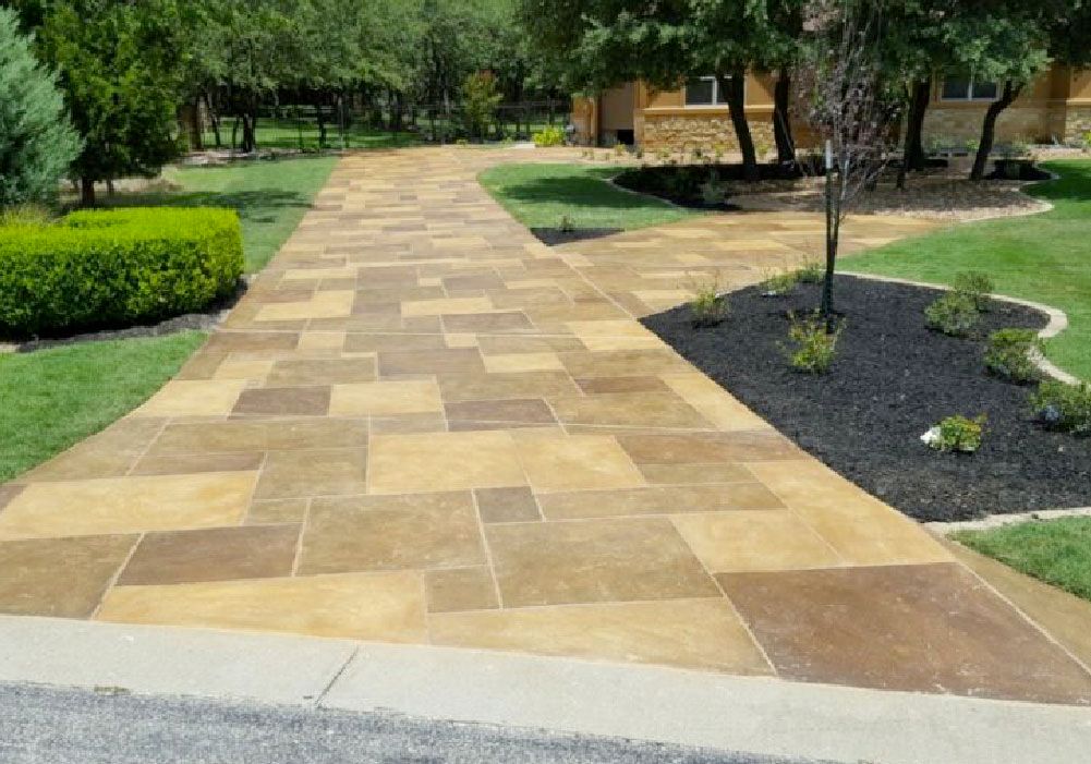 A concrete driveway leading to a house with trees and bushes on both sides.