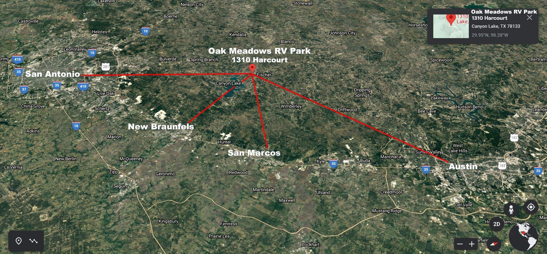 Map: Oak Meadows RV Park is located near San Antonio-New Braunfels-San Marcos-Austin-Texas from Canyon Lake TX