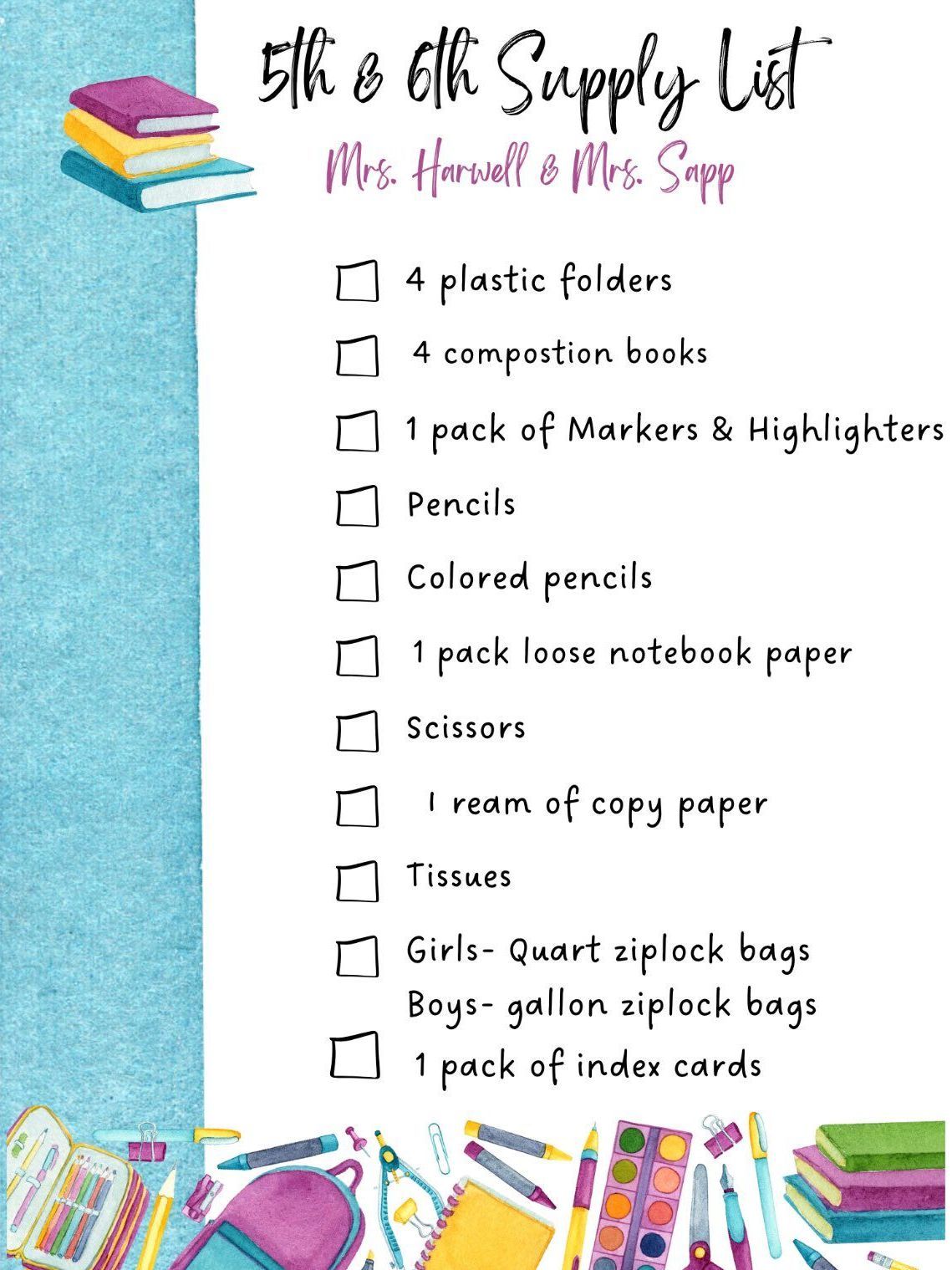 A list of school supplies including colored pencils and scissors