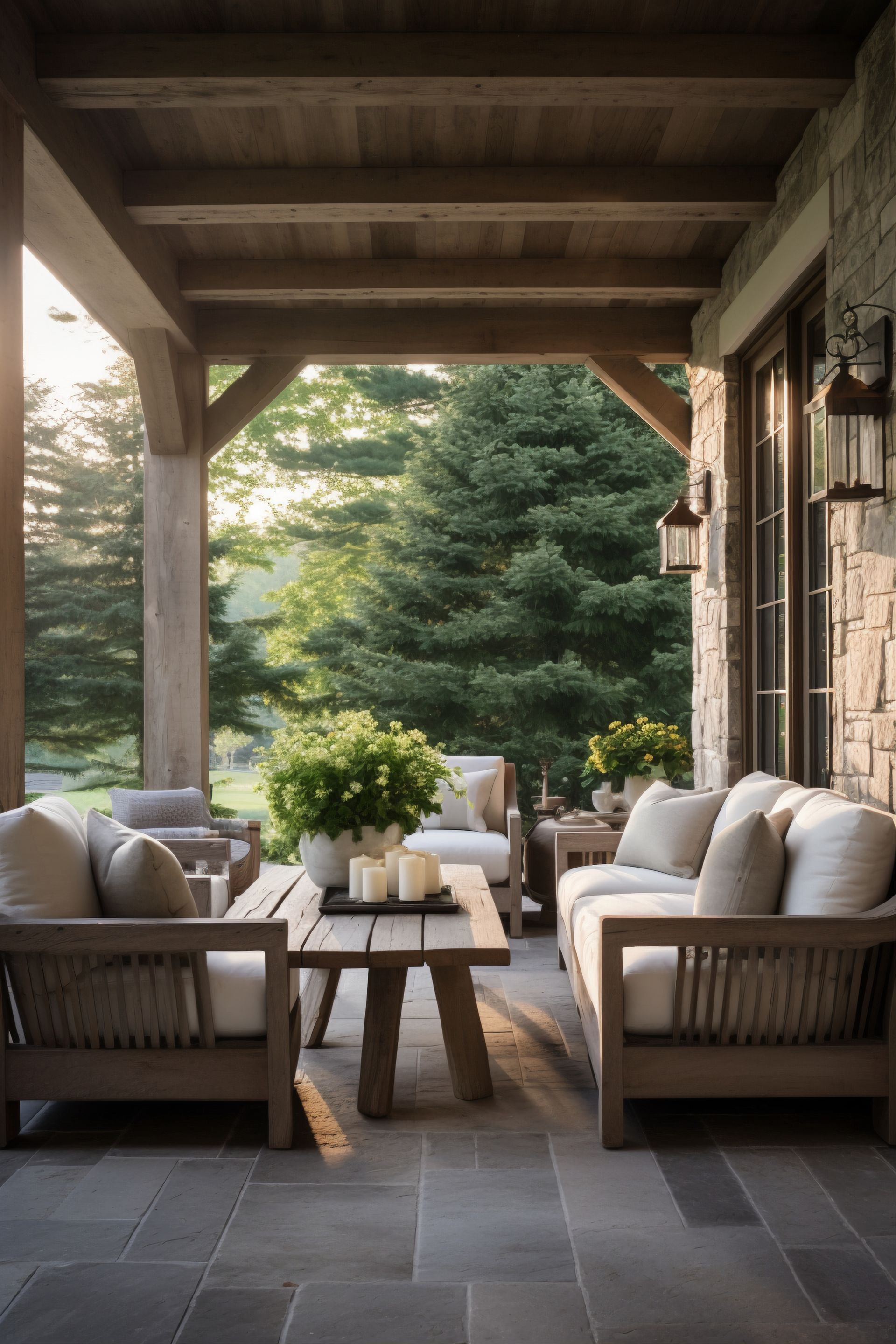 Outdoor seating area with wooden furniture, stone wall, and lush greenery in the background.