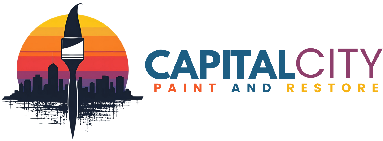 Logo for Capital City Paint and Restore featuring a paintbrush over a cityscape and sunset.