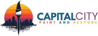Logo for Capital City Paint and Restore: paintbrush in front of a sunset over a city skyline.