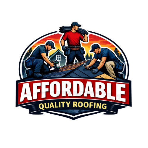 Logo: Roofers working on a roof, surrounded by an oval, with "AFFORDABLE QUALITY ROOFING" banner.