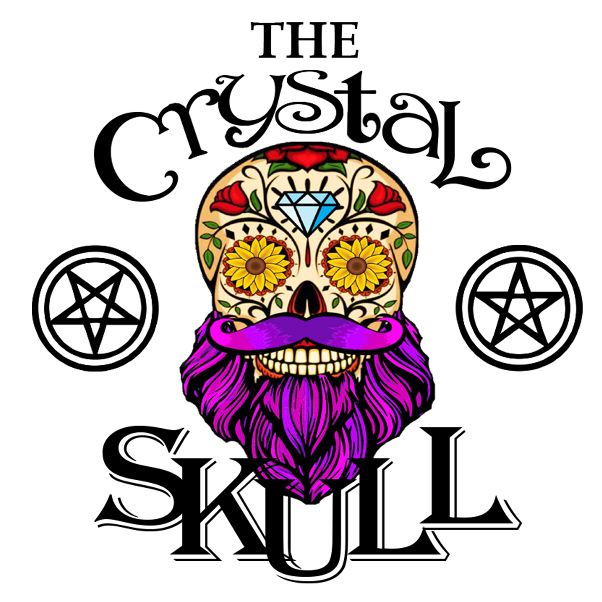 Logo for The Crystal Skull in Chorley, a sugar skull with a purple beard and mustache.