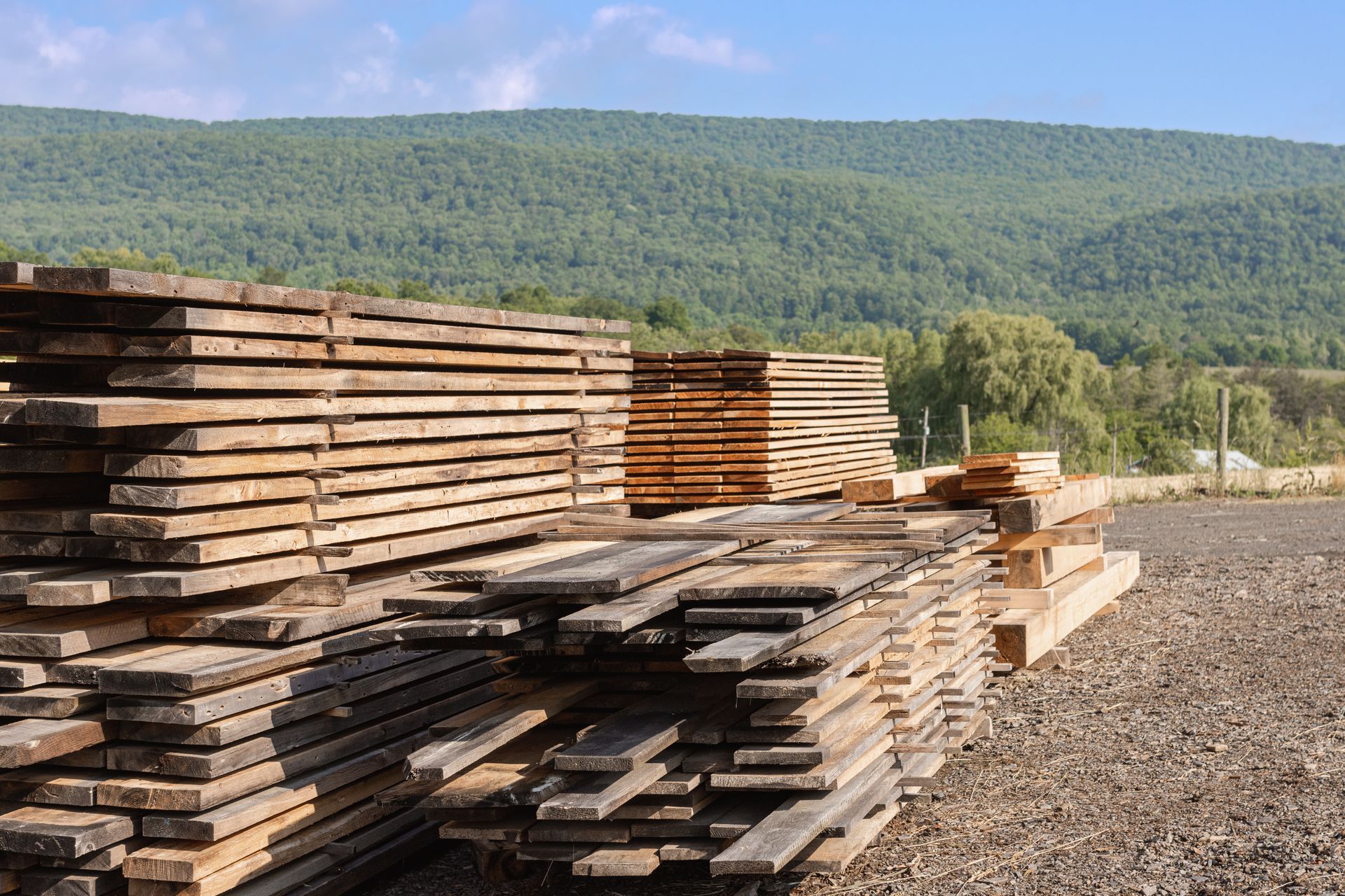 A pile of wood is sitting in a field with mountains in the background.