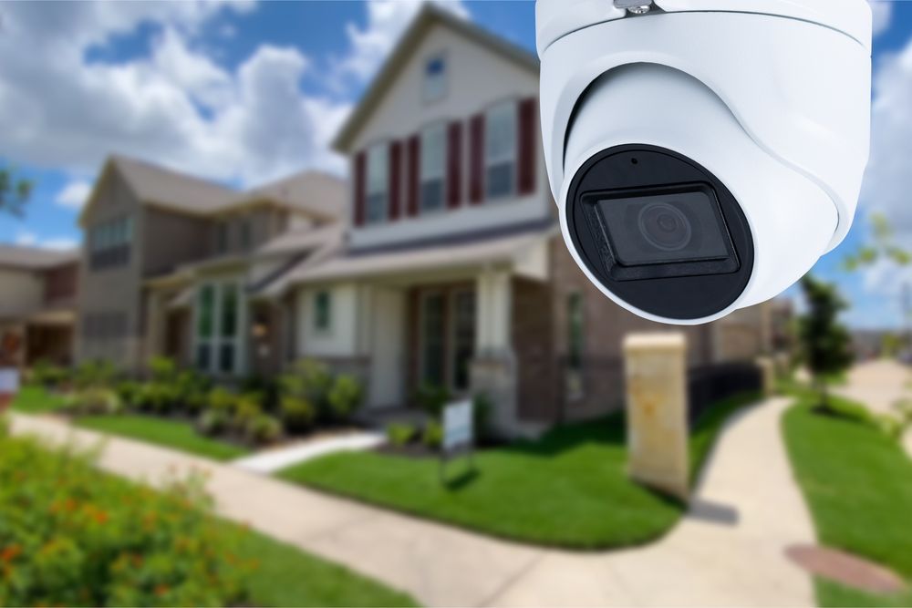 La telecamera di sicurezza è inquadrata da una casa in periferia con un prato verde e un cielo nuvoloso.
