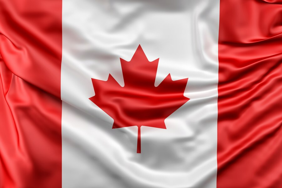 A close up of a canadian flag with a maple leaf on it