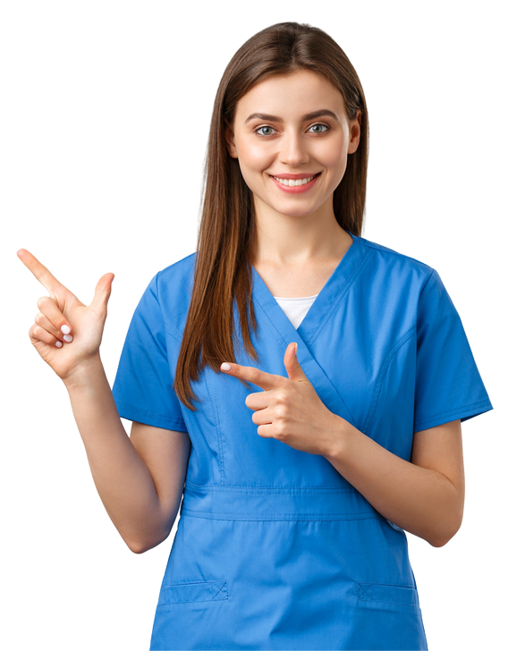 A woman in a blue scrub is pointing at something.