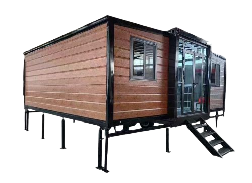 casa modular, com portas de vidro e uma escada. Casa rápida