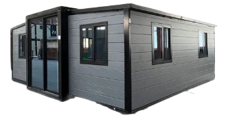 casa modular, com portas de vidro e uma escada. Casa rápida