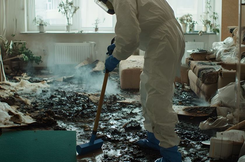 Person in hazmat suit cleaning a smoke-filled room with a mop, debris scattered on the floor.