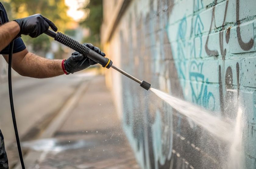 Person using a pressure washer to remove graffiti from a brick wall on a sidewalk.