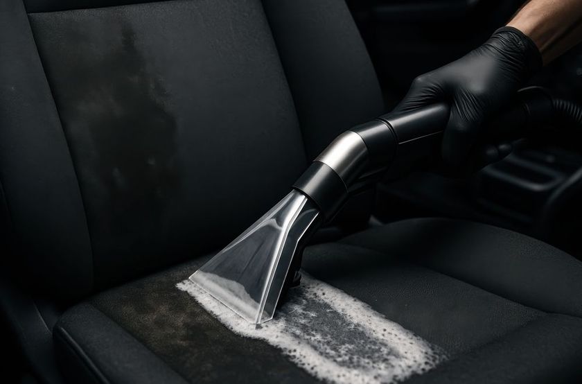 Black-gloved hand using a cleaning tool to shampoo a dirty car seat.