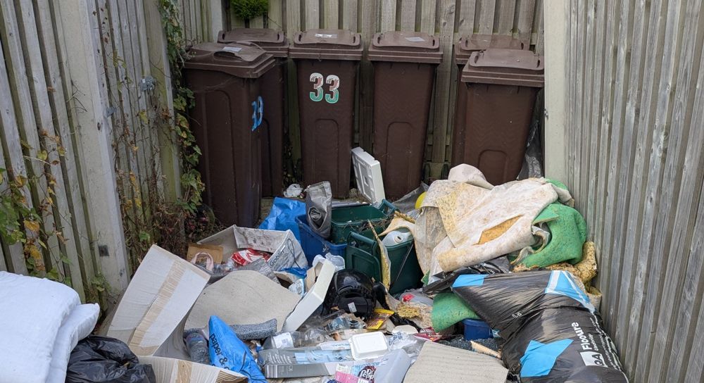Brown trash bins against a wooden fence, overflowing with trash and debris. Before cleanup