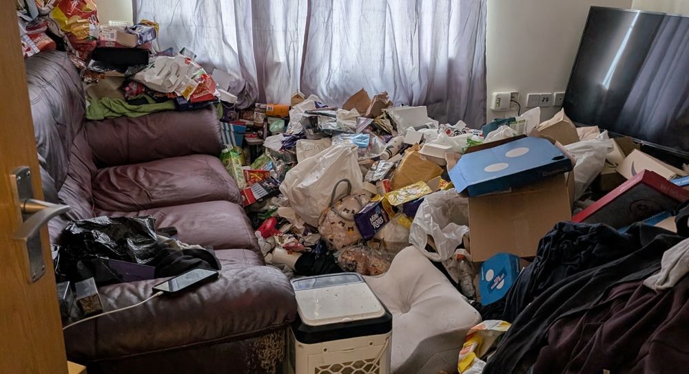 Cluttered room with piles of rubbish, cardboard boxes, and various items blocking a brown leather couch and window. before clean up
