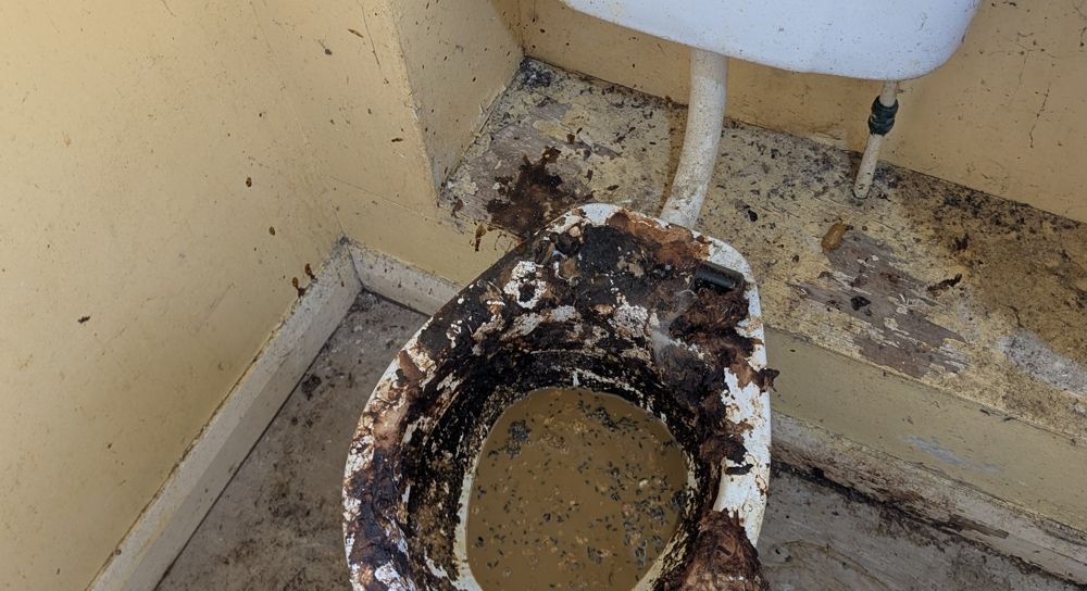 Heavily soiled toilet with brown stains and debris on seat and surrounding floor. before clean up