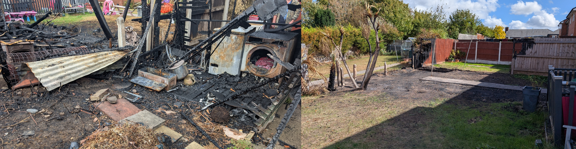 Burned remains of a structure and a scorched lawn, before and after