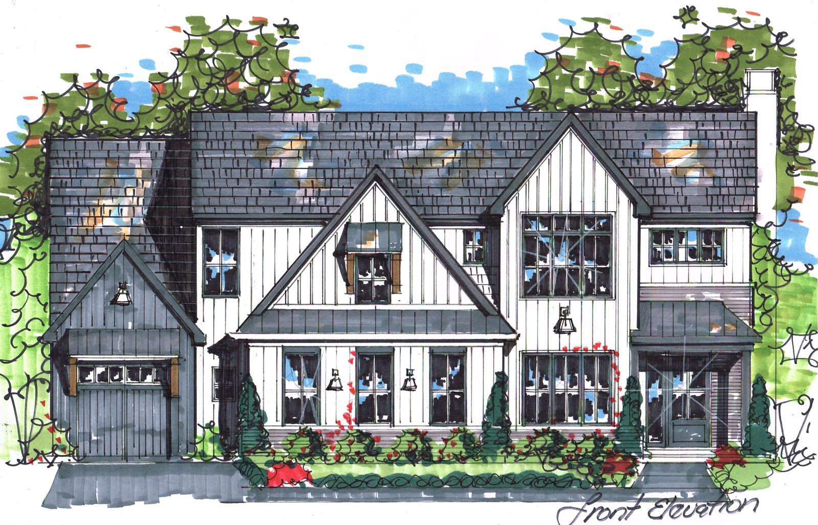 Sketch of a two-story house with a black shingled roof, white siding, and a small garage.