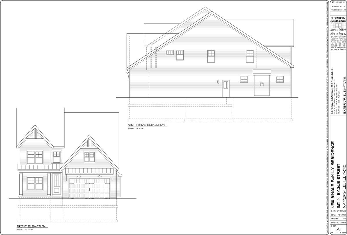 Architectural drawing of a house with two elevations: front view and side view.