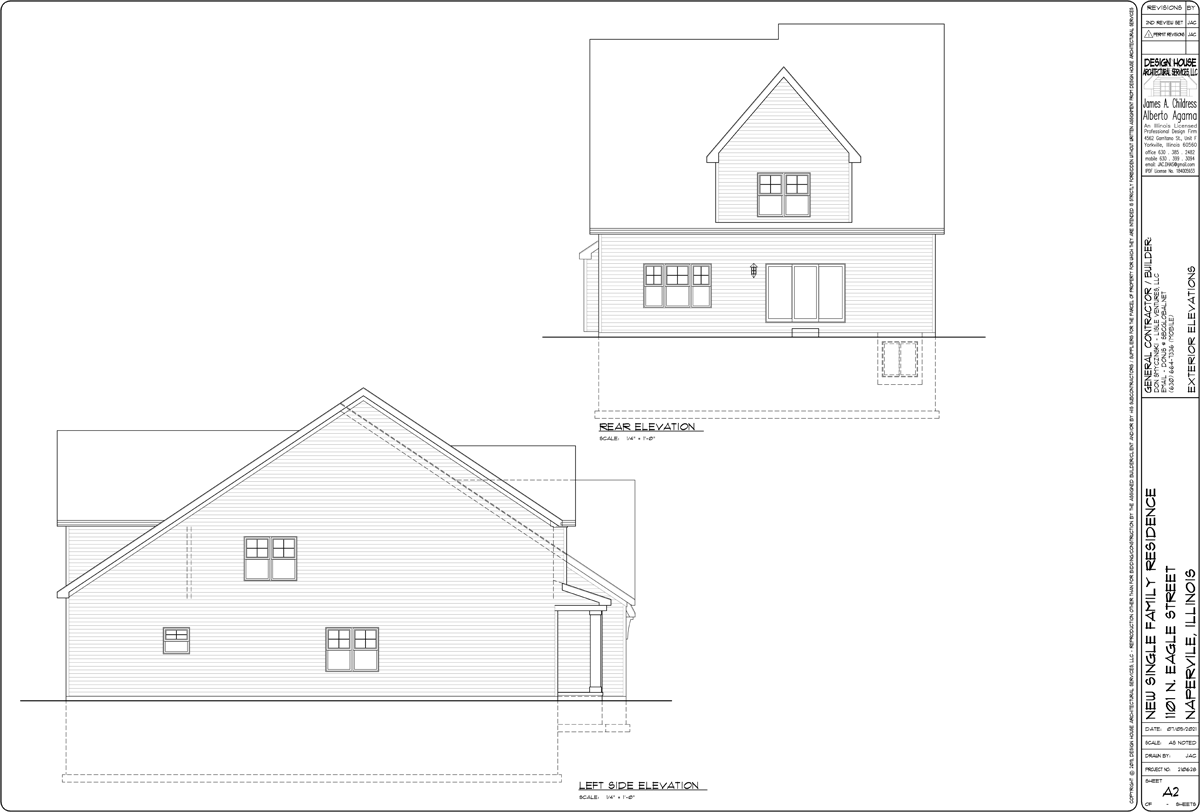 Architectural drawing of a house, showing a side elevation and a front elevation.