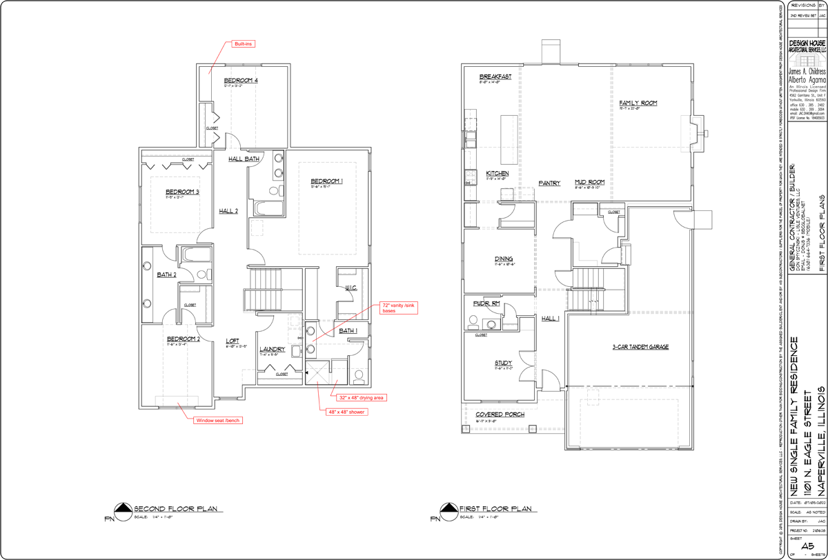 Architectural blueprints of a two-story home, including floor plans for the second and first floors.
