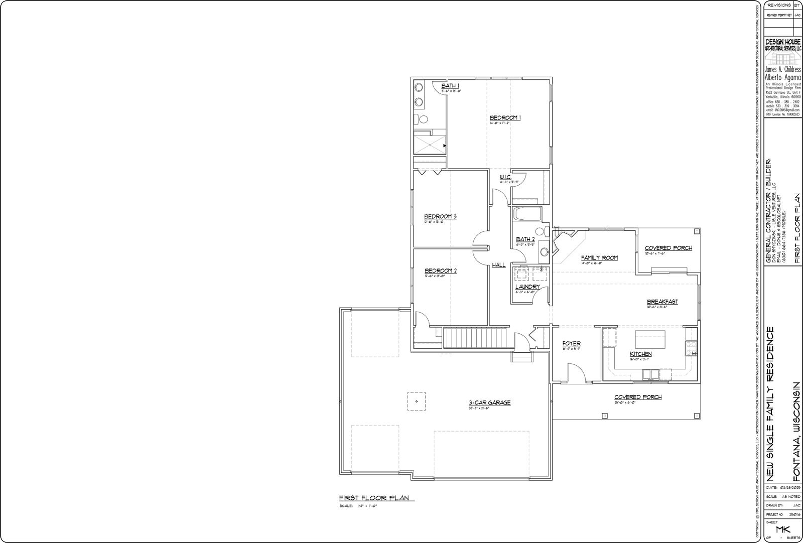 Blueprint of a house's main floor, with labeled rooms like living, dining, and bedrooms.