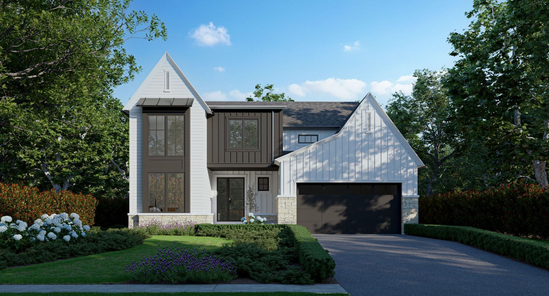 Modern two-story house with white and gray exterior, dark garage door, and lush landscaping.