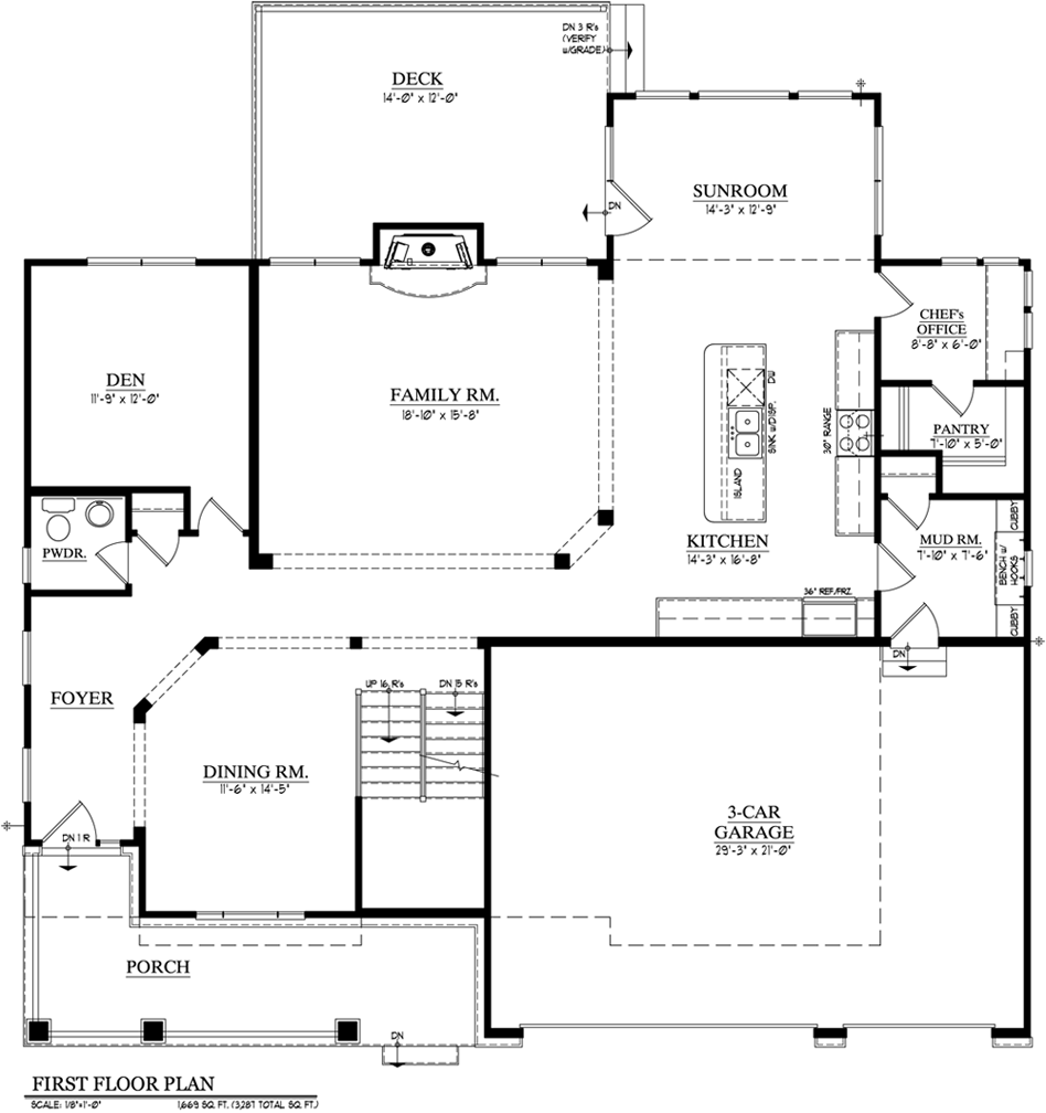 Floor plan of a house with kitchen, family room, garage, sunroom, and porch.