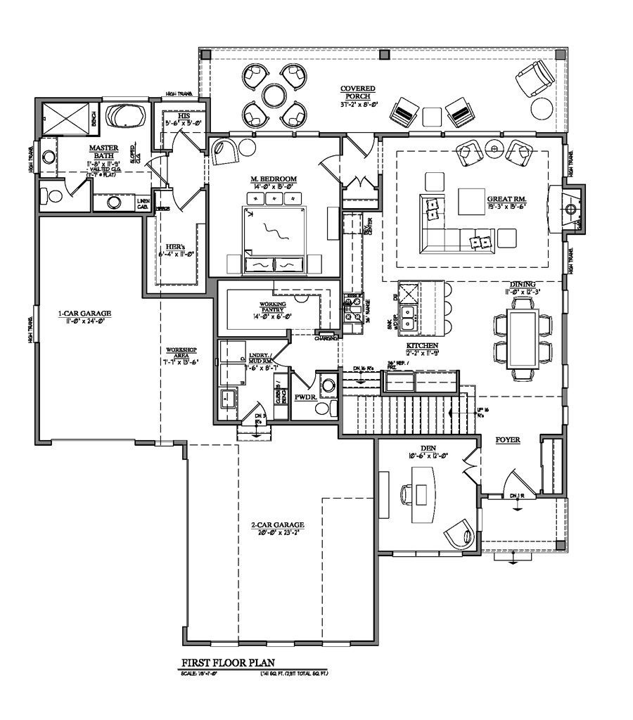 Floor plan showing the layout of the first floor of a house, including rooms, doors, and furniture.