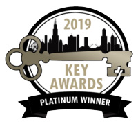 2019 Key Awards logo: Silver key with Chicago skyline; black and white text,