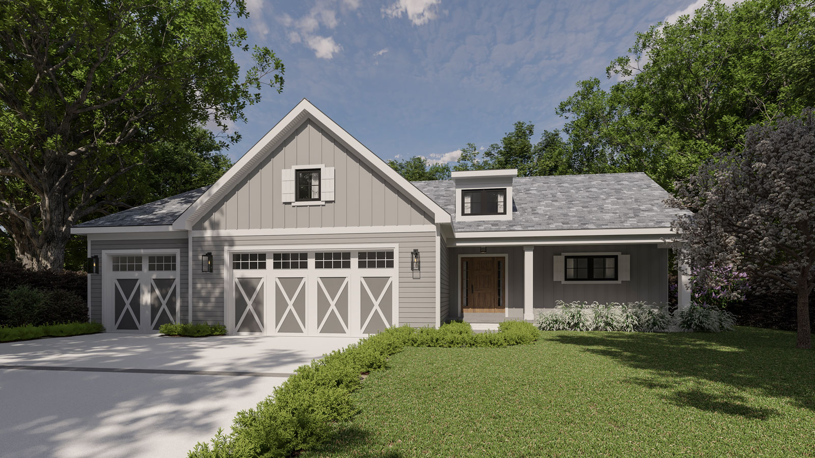 Gray house with white garage doors and shutters, green lawn, and trees.