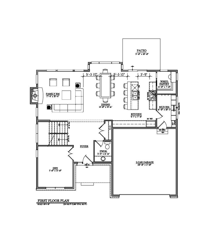 Floor plan of a house with kitchen, dining, living room, stairs, and patio.