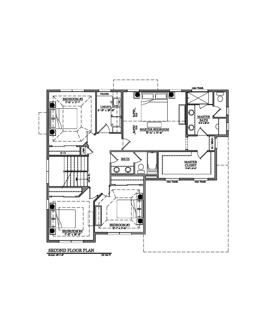 Floor plan of a two-story home, showing bedrooms, bathrooms, and a stairwell.