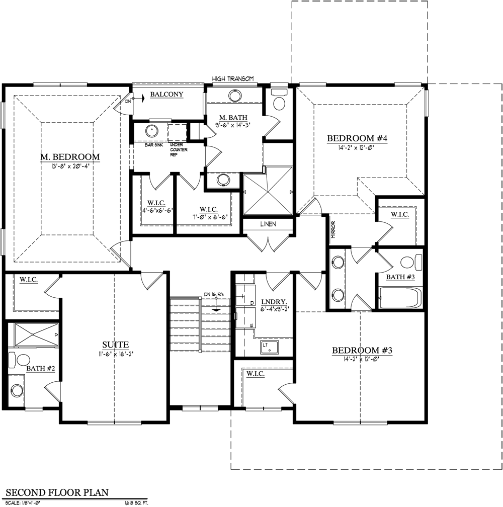 Second-floor house plan with four bedrooms, bathrooms, laundry, and stairs, with dimensions labeled.