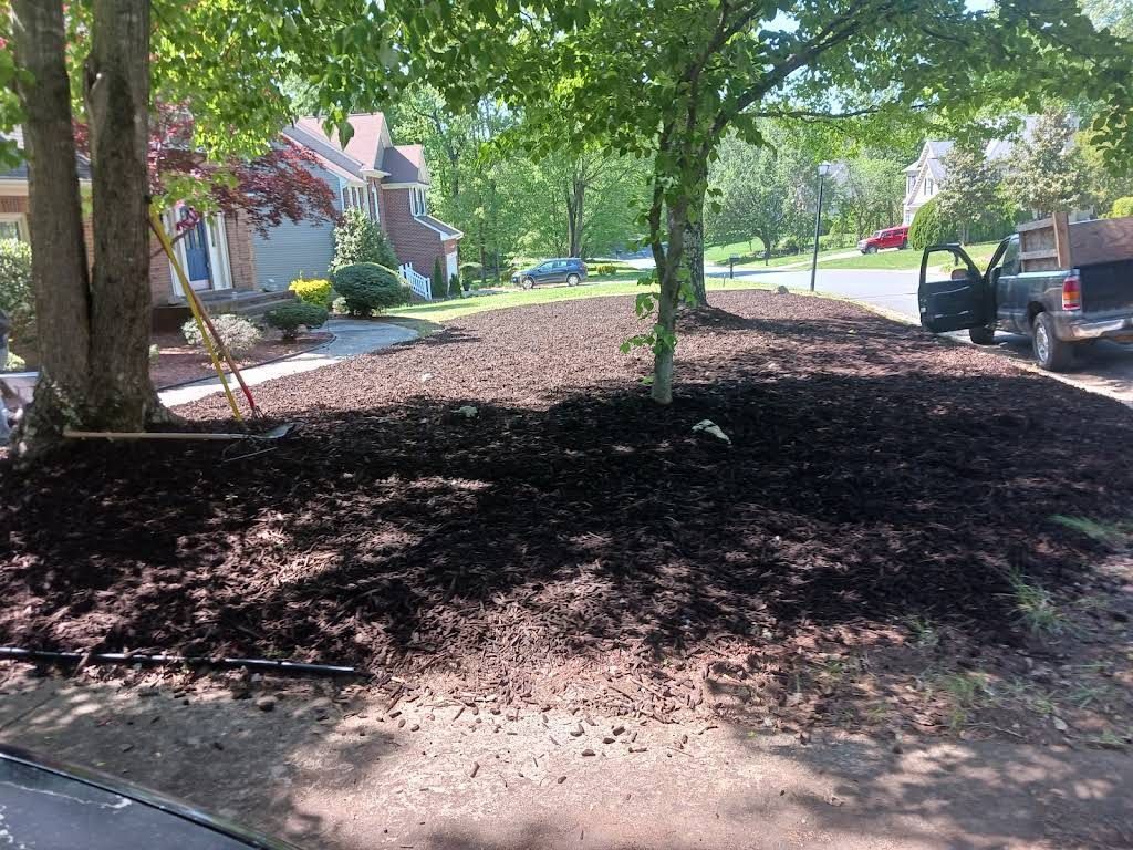 A residential front yard covered in fresh, dark brown mulch, with trees and a truck parked on the street in the background.