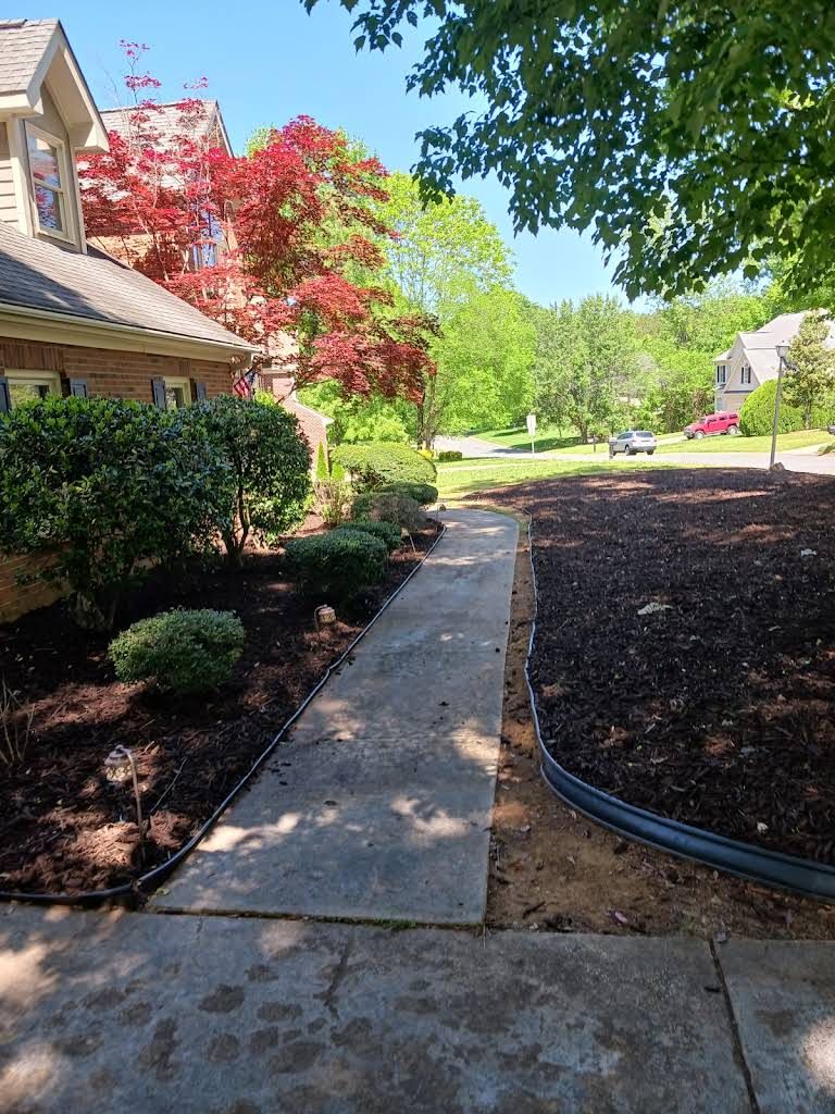 A concrete walkway leads to a house entrance, flanked by dark mulch beds with low green shrubs and a red-leafed tree.