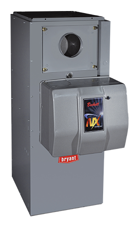 A gray air conditioner is sitting on top of a white surface.