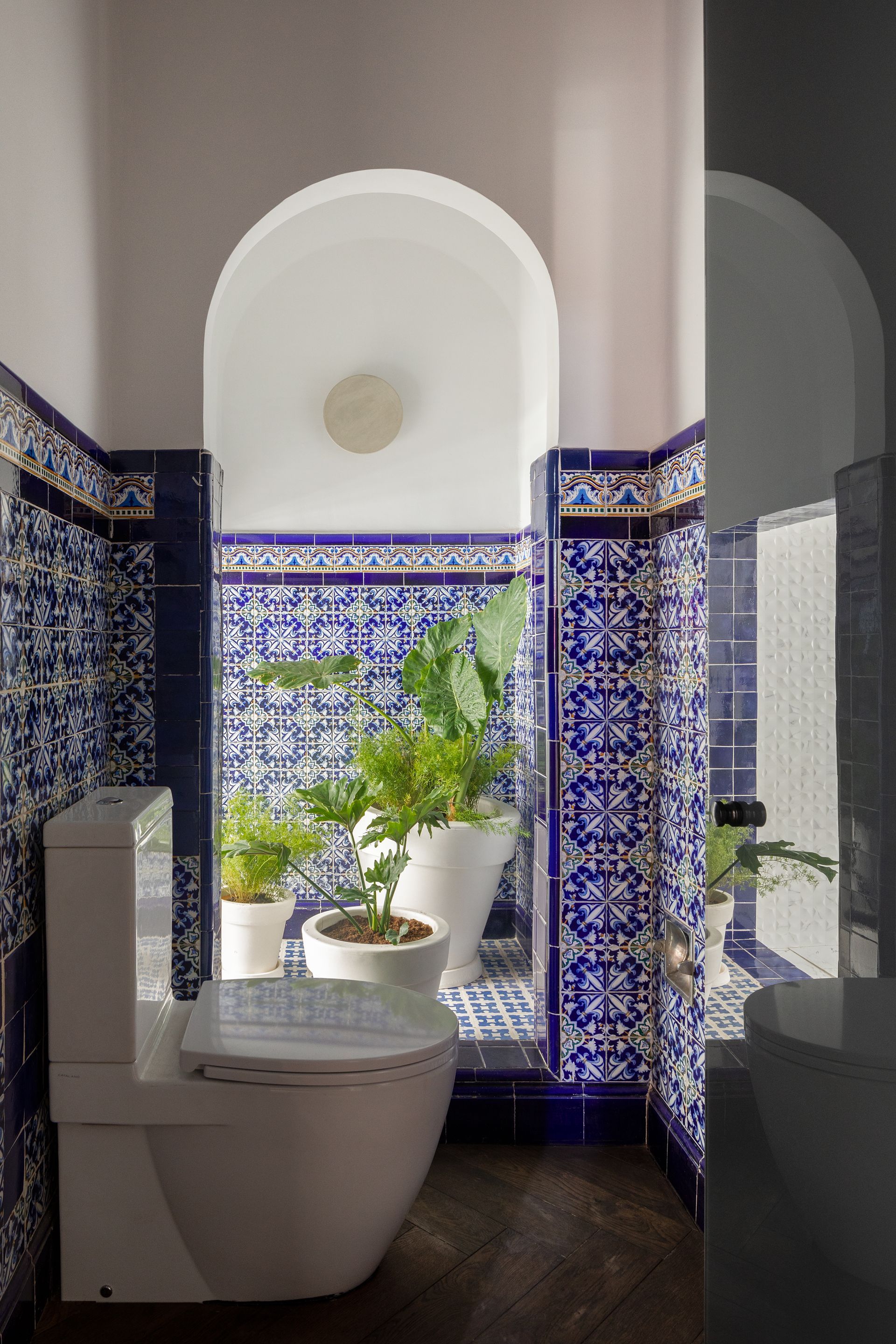 Un baño con inodoro, lavabo y plantas en macetas.