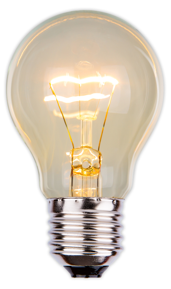 A glowing incandescent light bulb with a clear glass bulb and a silver-colored screw base against a white background.