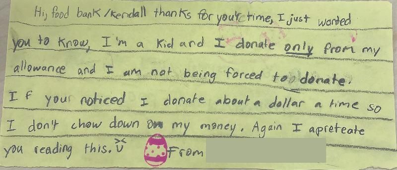 one dollar donation note from child to food bank