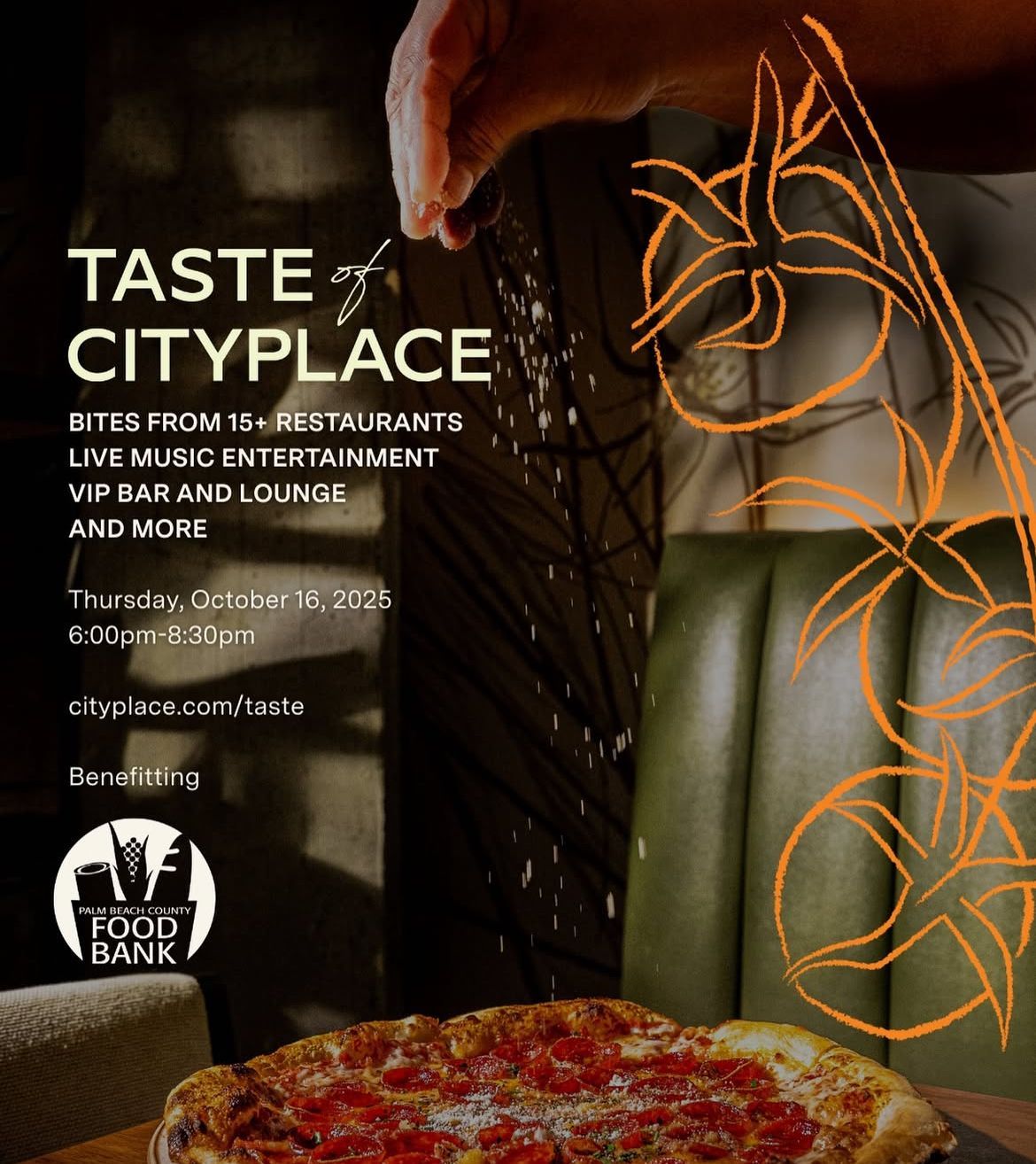 culinary themed rectangle flyer with copy that reads taste of cityplace benefitting palm beach county food bank logo