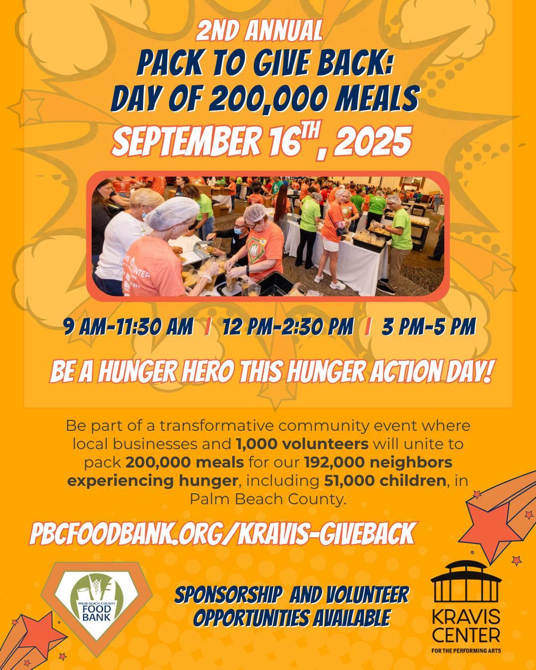 flyer for day of 200,000 meals packing event and fundraiser with kravis center for the performing arts