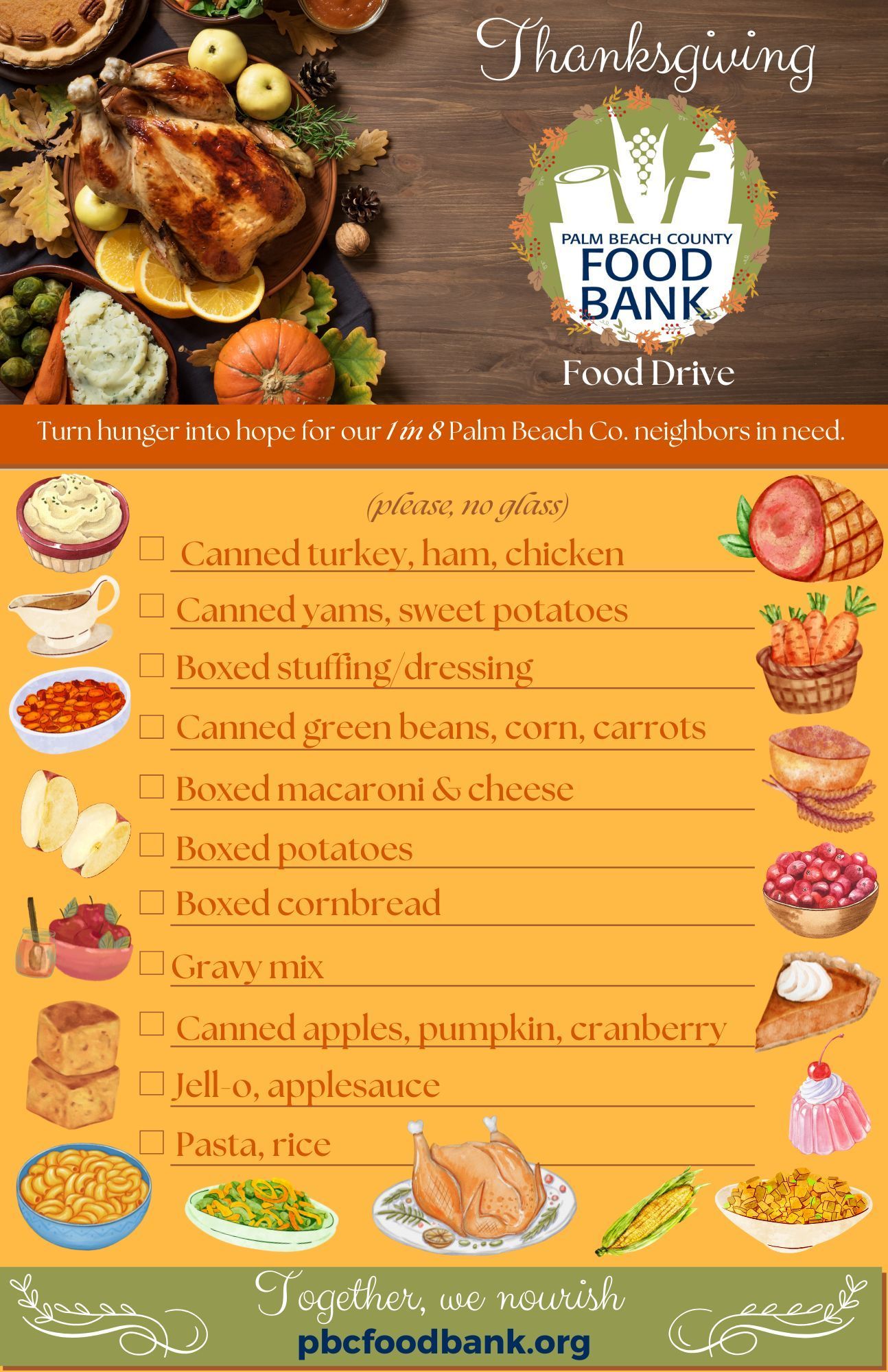 Thanksgiving food drive flyer and list for palm beach county food bank