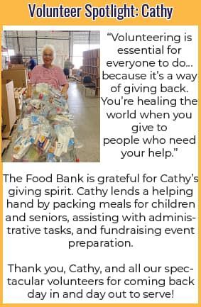 volunteer spotlight, a way of giving back, packing meals for children and seniors, assisting with administrative tasks, and fundraising event preparation.