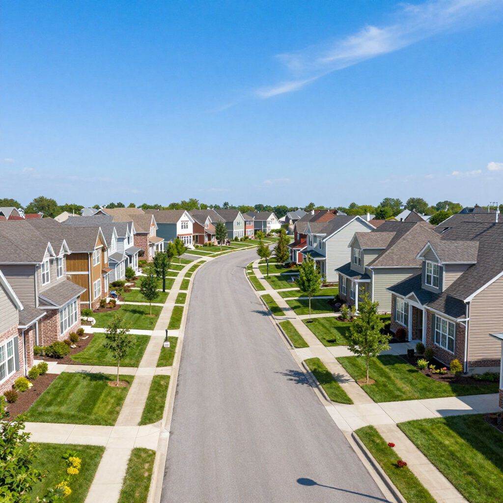 Aerial view of a quiet suburban street with rows of modern houses and manicured lawns under a blue sky