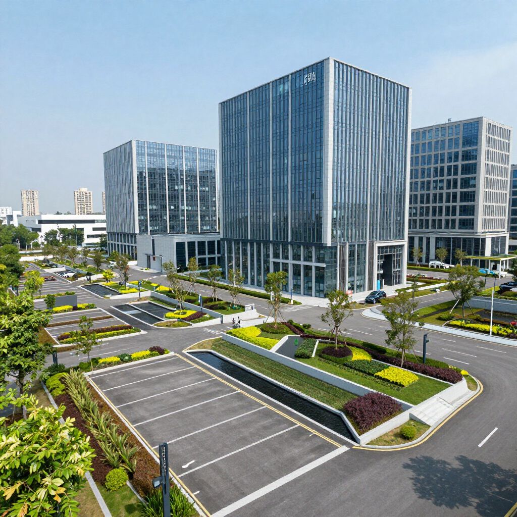 Modern office complex with glass towers, landscaped parking lots, and palm trees under a clear sky
