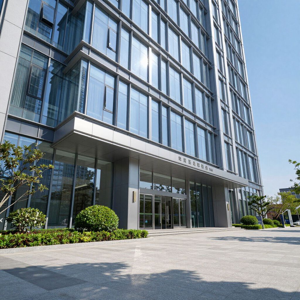 Modern glass office building entrance with landscaped greenery and paved courtyard