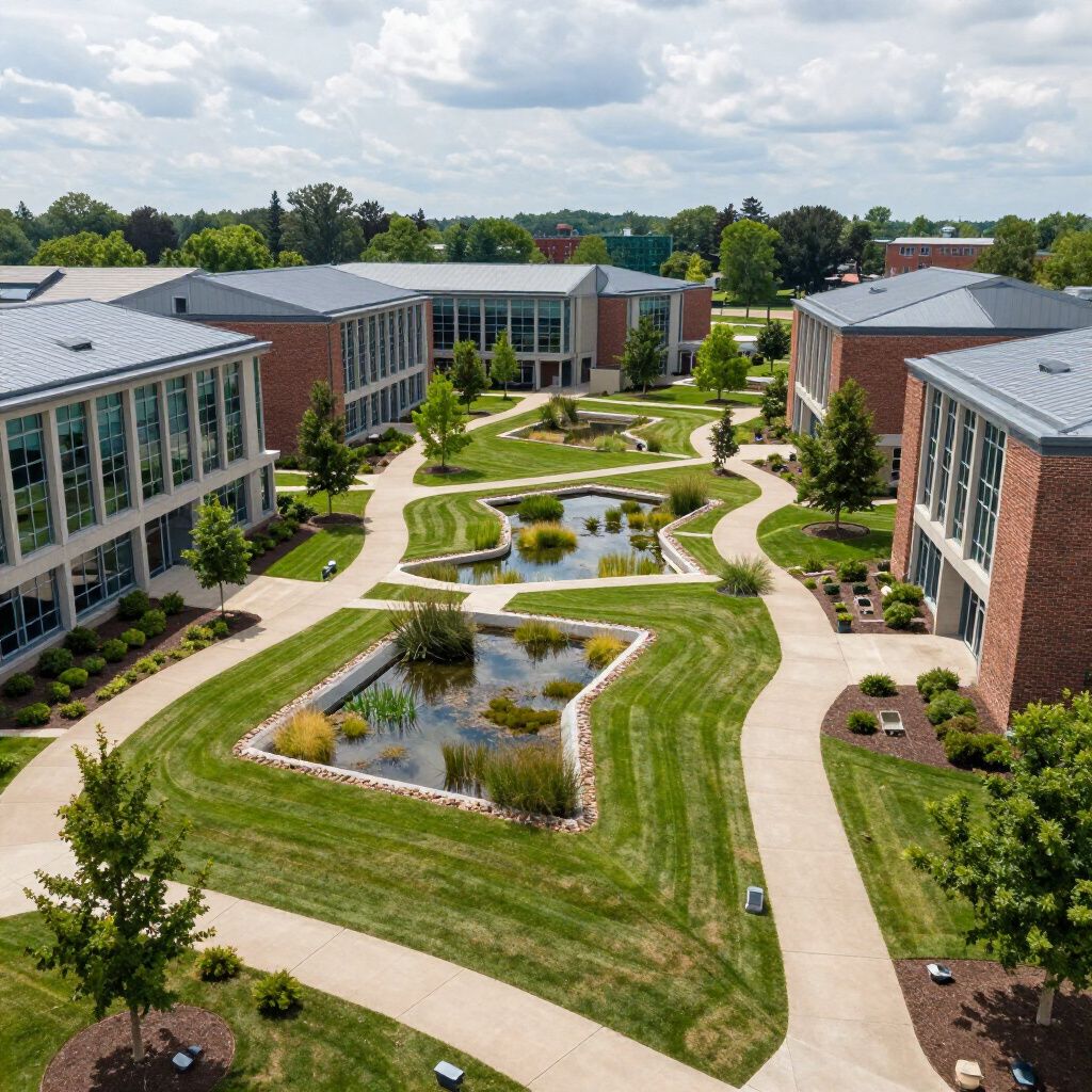 Aerial view of a modern campus courtyard with pathways, lawns, and small reflecting ponds between brick buildings