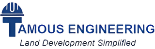 Tamous Engineering logo with blue icon and tagline “Land Development Simplified”