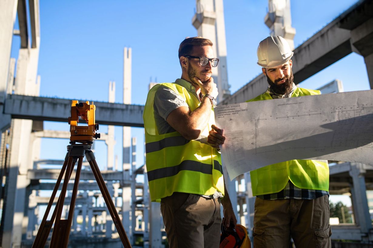 Two construction workers in yellow safety vests reviewing a blueprint at a building site